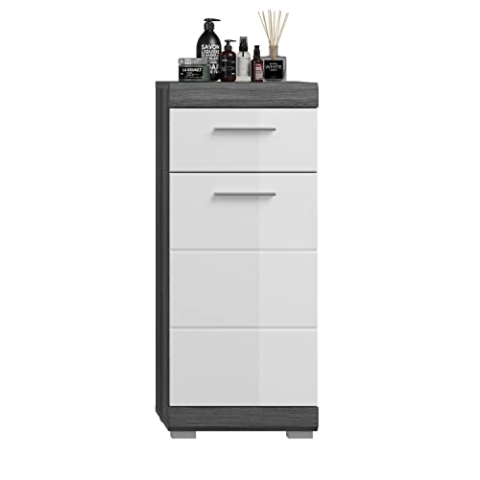 xonox.home Badezimmer Scout X06B2701 Kommode schmal Schrank Standschrank in Front weiß Hochglanz Korpus/Absetzung rauchsilber Nb.ca.37x88x31 cm