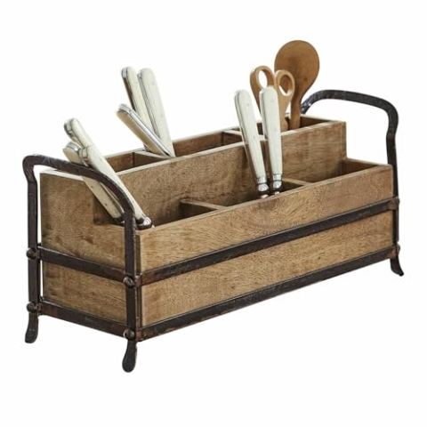 Loberon Organizer Troyes, sechs Fächer, hübsche Maserung, flexibel nutzbar, Aufbewahrung, Stiftehalter, Besteckkorb, Mangoholz, Eisen, braun/schwarz