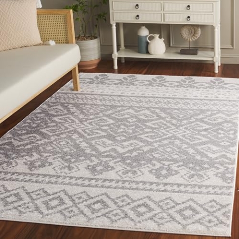 SAFAVIEH Boho Teppich für Wohnzimmer, Esszimmer, Schlafzimmer - Adirondack Collection, Kurzer Flor, Elfenbein und Silber, 155 X 229 cm