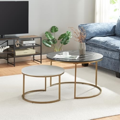 [en.casa] Couchtisch Christchurch 2er Set Wohnzimmertisch rund Sofatisch Satztisch Beistelltisch mit Metallgestell Kaffeetisch Marmoroptik, Schwarz/Weiß/Gold
