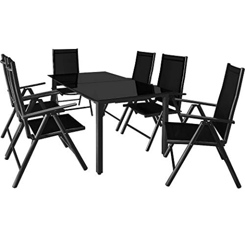 Casaria® Gartenmöbel Set 6 Stühle mit Tisch 150x90cm Aluminium Sicherheitsglas Wetterfest Klappbar Modern Terrasse Balkon Möbel Sitzgruppe Garnitur Bern