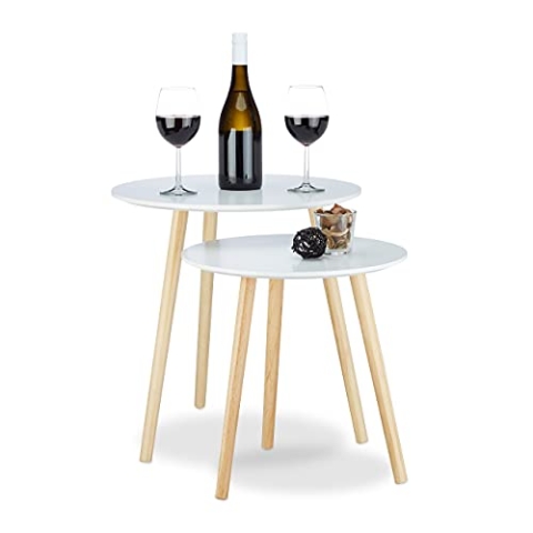 Relaxdays Beistelltisch 2er Set skandinavisch, 70er Design, Nachttische, Satztische, Durchmesser 39 und 47,5 cm, weiß, 47.5 x 47.5 x 47 cm