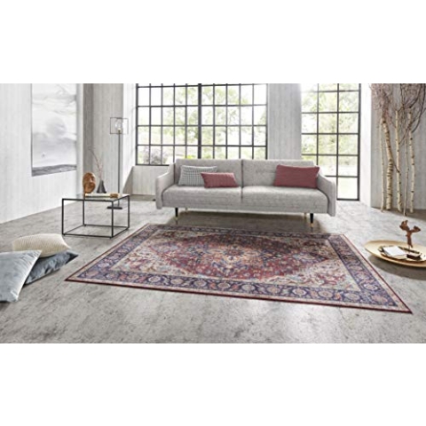Nouristan Asmar Teppich – Wohnzimmerteppich Orient-Touch Detailiertes Muster Florales Kurflor Flachgewebe Teppich für Esszimmer, Wohnzimmer, Schlafzimmer – Pflaumenrot, 80x150cm