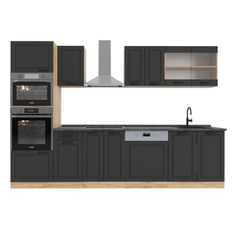 Vicco Küchenzeile R-Line, Anthrazit Landhaus/Goldkraft Eiche, 300 cm mit Hochschrank, AP Anthrazit