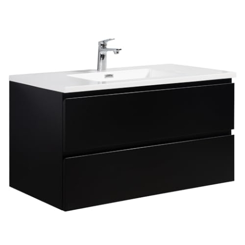 Badezimmer Badmöbel Set Angela 100cm - Matt Schwarz - Unterschrank Schrank Waschbecken Waschtisch