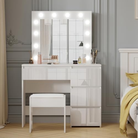 Schminktisch mit Spiegel und Hocker Weißer Schminktisch mit LED-Beleuchtung 4 Schubladen Hochglanz Make-up Schreibtisch Schlafzimmer Toilettentisch Ideal für Mädchen und Frauen Schlafzimmer Möbel
