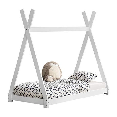 [en.casa] Kinderbett Onejda in Tipi-Design Bodenbett Jugendbett aus Kiefernholz Weiß 80 x 160 cm