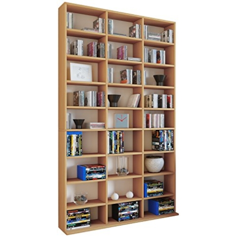 VCM Holzregal stehend | platzsparender CD-Schrank für 1080 CDs oder 504 DVDs | Maße: H. 181 x B. 102 x T. 23 cm | Elegantes DVD Regal stehend | Blu-Ray Regal | CD Regal Megosa XL Buche