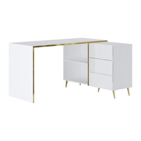 Vente-unique-Eckschreibtisch mit Schubladen & Fächern - Weiß glänzend & Goldfarben - MARZIALO