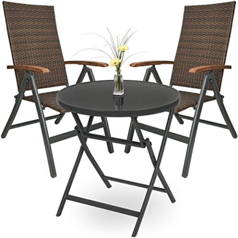 BRUBAKER Garten Sitzgruppe Modena - 1 Glastisch Klapptisch rund 70 cm Ø mit 2 Polyrattan Stühlen - Wetterfest - Braun/Anthrazit