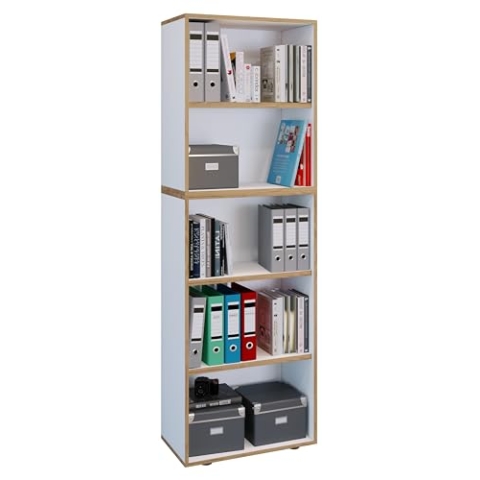 VCM Holzregal stehend | platzsparender Aktenschrank | Maße ca. B. 60 x H. 183 x T. 33 cm | Elegantes Regal | Büroregal – Salia 5fach B. 60 cm Weiß