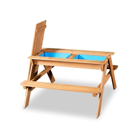 Coemo 2 in 1 Kindersitzgruppe aus Massivholz – Sand- und Wasserspieltisch für 4 – Matschküche – Kinder-Picknicktisch mit 2 Bänken – abnehmbare Wannen – Für drinnen & draußen