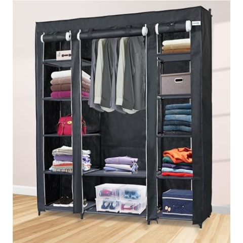 Lendo Online Kleiderschrank - Stoffschrank mit Kleiderstange & Ablagen - Faltschrank für Schlafzimmer, Ankleidezimmer, Garderobeschrank - Schwarz oder Grau (Schwarz, 145x44x170cm)