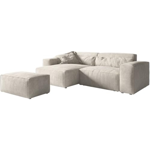 DELIFE Eckcouch Sirpio XL Cord Beige 270x170 cm Recamiere variabel mit Hocker