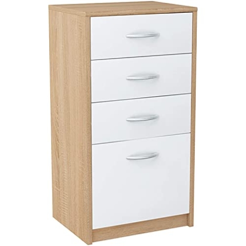 MATKAM Kommode mit Vier Schubladen H B T 85 x 45 x 35 cm, Griffe in satinierter Metall-Optik Schublade B T 32 x 33 cm, Führungsschienen aus Metall (Sonoma Eiche Weiß)