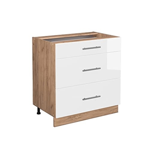 Vicco Küchenunterschrank Fame-Line, Weiß Hochglanz/Goldkraft Eiche, 80 cm mit 3 Schubladen, ohne Arbeitsplatte