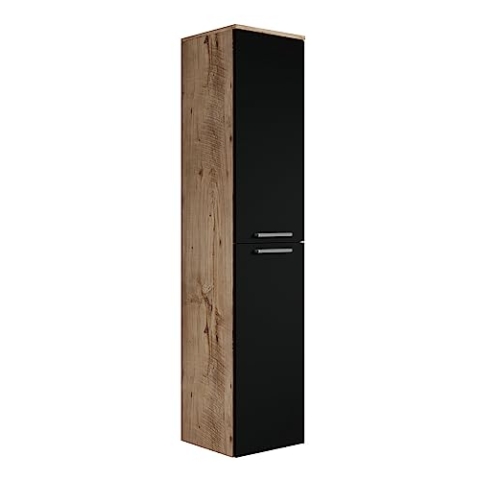 Badezimmer Badschrank Saturnus 160cm Eiche Kastanie mit mat Schwarz - Regal Schrank Hochschrank Schrank Möbel