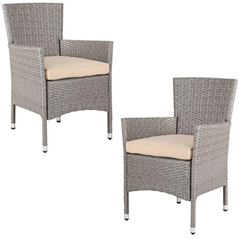 Casaria® 2er Set Poly Rattan Gartenstuhl mit Auflage Stapelbar Wetterfest 160 kg Belastbar Stapelstuhl Garten - Beige Grau