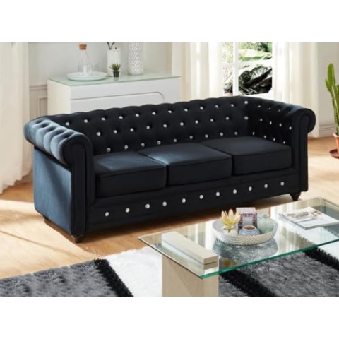 Vente-unique - Chesterfield 3-Sitzer-Sofa, Velours, Schwarz mit Kristallen