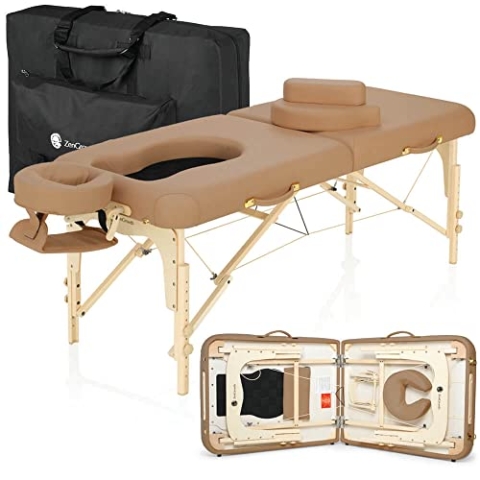ZenGrowth Schwangerschaft-Massageliege Ipanema 71cm | Mobile Comfort Deluxe | Kofferliege mit Brust- und Bauchausschnitt | Klappbar, Holz (Braun)