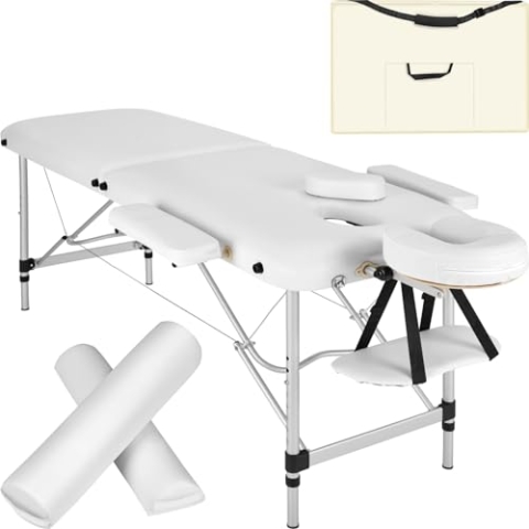 tectake® Massageliege klappbar, höhenverstellbar, Aluminium Massage Möbel mit 2 Zonen, Kopf- und Armstütze, Mobile Massagebank, Zubehör Tasche, Voll- und Halbrolle - weiß