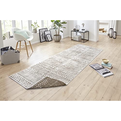 NORTHRUGS In- und Outdoor Teppich Biri 80x250 cm - Wendeteppich Wetterfest Boho Style Vintage Design Teppich für Balkon Terrasse Garten Wintergarten Wohnzimmerteppich Wasserfest in Linen