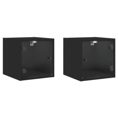 vidaXL Nachttische 2 STK., Nachttisch mit Glastür Stauraum, Nachtkommode für Schlafzimmer, Nachtkonsole Nachtschrank Wandschrank, Modern, Schwarz Holzwerkstoff