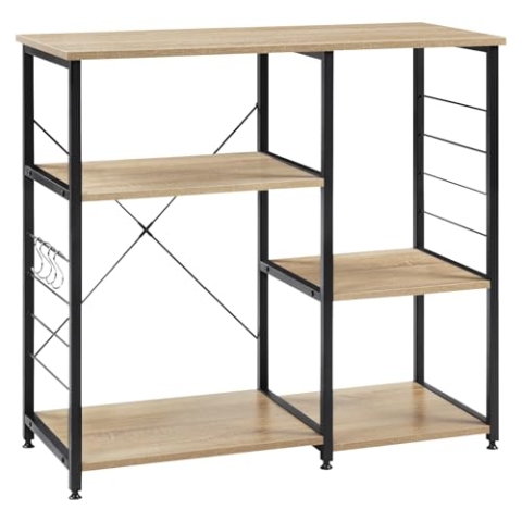 WOLTU Küchenregal Standregal Küche Bäckerregale Mikrowellenhalter Kaffeebar Möbel Metallregal aus Holz und Stahl, mit 5 Ablagen, ca. 90 x 40 x 83,5 cm, Schwarz + Hell Eiche