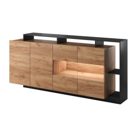 Vente-unique-Sideboard mit 4 Türen & 4 Ablagefächern - Mit LED-Beleuchtung - Holzfarben hell und Anthrazit - IDESIA