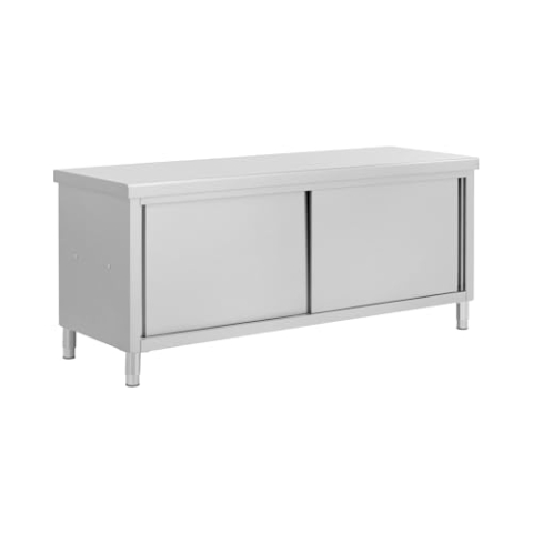 Royal Catering Edelstahl-Arbeitsschrank mit Durchreiche 200 x 70 cm 1 Einlegeboden 500 kg max. Tragkraft verstärkte Oberfläche höhenverstellbare Füße Durchreicheschrank Gastro