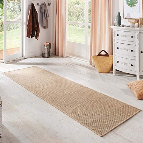 BT Carpet Nature Läufer In- und Outdoor – Schlingen Küchenläufer Rutschfest Flachgewebe Kurzflor Woll-Optik Fineloop Küchenteppich für Flur, Küche, Garten, Terrasse, Badezimmer – Naturbeige, 80x500cm