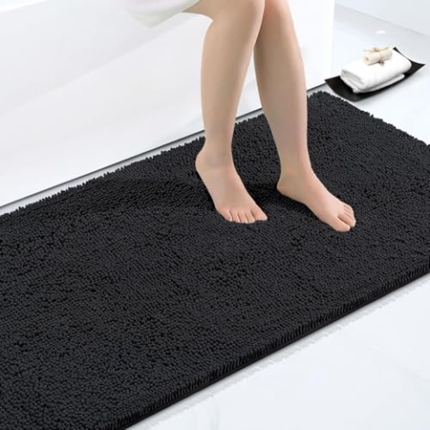 Homaxy rutschfeste Badematte Chenille Badezimmerteppich Mikrofaser Badteppich Saugfähige Hochflor Badvorleger - 60 x 120 cm, Schwarz