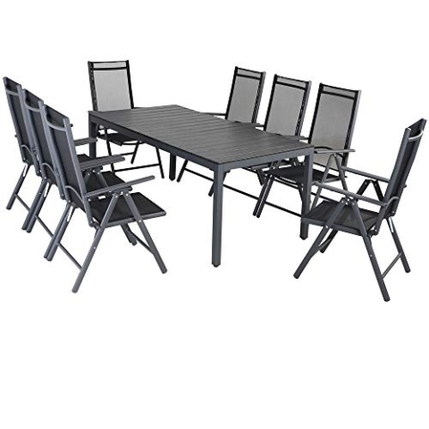 Casaria® Gartenmöbel Set 8 Stühle mit WPC Tisch 180x80cm Aluminium Sicherheitsglas Wetterfest Klappbar Modern Terrasse Balkon Möbel Sitzgruppe Garnitur Bern