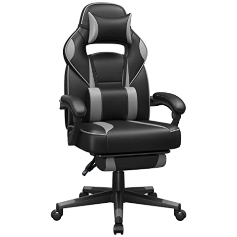 SONGMICS Bürostuhl, Schreibtischstuhl, ausziehbare Fußstütze, Kopfkissen, Lendenkissen, höhenverstellbar, ergonomisch, neigbare Rückenlehne, bis 150 kg belastbar, tintenschwarz-Taubengrau OBG073B03