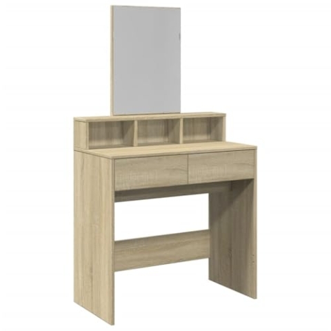 vidaXL Schminktisch, Frisiertisch mit Spiegel, Kosmetiktisch mit 2 Schubladen 3 Fächern, Frisierkommode für Schlafzimmer, Modern, Sonoma-Eiche