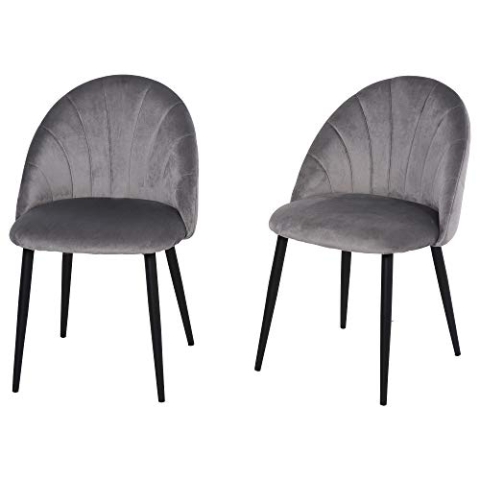 HOMCOM Esszimmerstühle 2er Set Küchenstuhl mit muschelförmiger Rückenlehne, Samtoptik, Sessel Polsterstuhl mit Fußpolster, Stühle, Wohnzimmerstuhl mit Stahlbeine für Esstisch, Grau