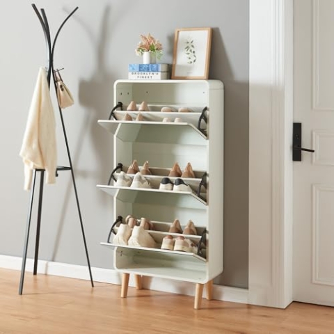 [en.casa] Schuhschrank Aure Schuhkipper mit 3 Klappen Schuhkommode mit Spiegel Schuhregal platzsparend für 12 Paar Schuhe Schuhablage Schuhaufbewahrung 134 x 63 x 24 cm Weiß