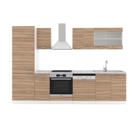 Vicco Küchenzeile R-Line, Küchenblock, Sonoma/Weiß, 300 cm ohne Arbeitsplatte