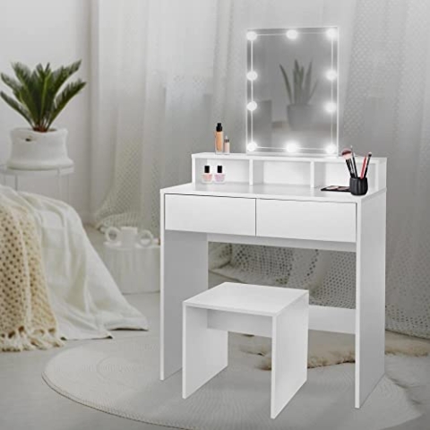 ML-Design Schminktisch mit LED-Beleuchtung, Frisiertisch mit Hocker, Spiegel, 2 Schubladen, 80x40x140 cm, Weiß, Moderne Kosmetiktisch mit 3 offenen Fächern, Frisierkommode Schminkkommode Make-up Tisch
