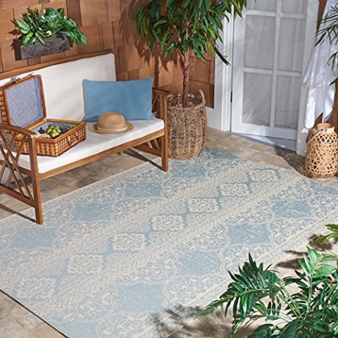 SAFAVIEH Übergangs-Teppich Drinnen & Draussen - Beachhouse Collection, Kurzer Flor, Creme und Aqua, 79 X 152 cm