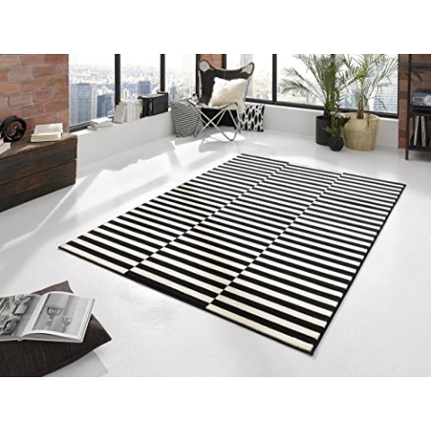 Hanse Home Teppich Panel – Wohnzimmerteppich Kurzflor Streifen Design Grafisches-Muster Moderne Optik für Esszimmer, Wohnzimmer, Kinderzimmer, Flur, Schlafzimmer, Küche – Schwarz Creme, 160x230cm