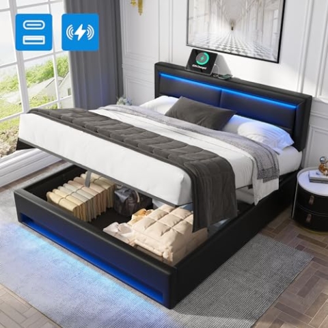 OKYION Polsterbett,160 x 200,Jugendbett,Doppelbett mit USB-Anschluss& LED-Beleuchtung und Stauraum, mit Matratze, Schwarz