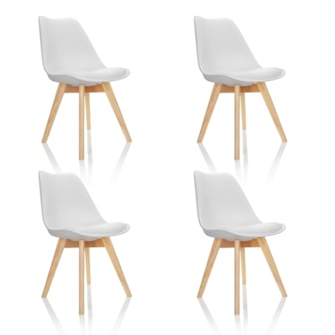 hjh OFFICE 4er Set Esszimmerstühle Scandi Massivholz Beine Buche, Stuhl Küchenstuhl gepolstert im Retro-Design, Kunststoff Weiß 661009