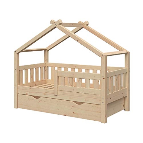 VitaliSpa Hausbett Design, Bett aus Holz, Naturholz, 70x140 cm mit Schublade