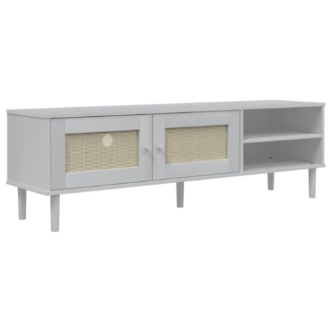vidaXL TV Schrank, Fernsehschrank mit 3 Fächern 2 Türen, Lowboard HiFi Schrank mit Rattan-Optik, Fernsehtisch TV Möbel, Weiß Kiefernholz
