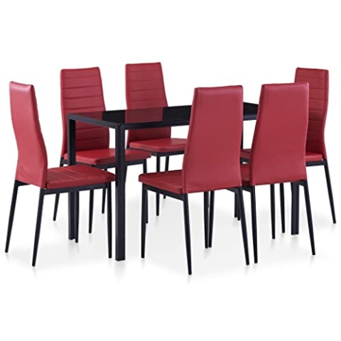 vidaXL Essgruppe 7-TLG. Esszimmertisch Esstischset Esszimmergarnitur Küchentisch Esszimmer Stuhl Tisch Set Sitzgruppe Esstisch mit 6 Stühlen Weinrot