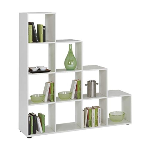 FMD Möbel, 248-002 Mega 2 Treppenregal Raumteiler Bücherregal Raumtrenner 10 Fächer, weiß, maße 138.5 x 141.5 x 32.6 cm (BHT)