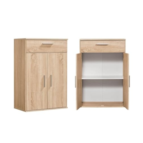 mokebo® Mehrzweckschrank 60cm Breite mit Schubladen 'Der Praktische', Kleiner Büroschrank oder Aktenschrank, auch als Schuhschrank oder Aufbewahrungsschrank in 60x90x34 cm (B/H/T) in Sonoma Eiche