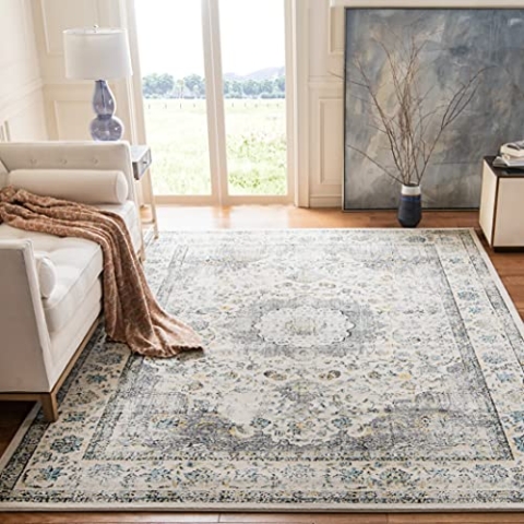 SAFAVIEH Traditionell Teppich für Wohnzimmer, Esszimmer, Schlafzimmer - Evoke Collection, Kurzer Flor, Grau und Gold, 91 X 152 cm