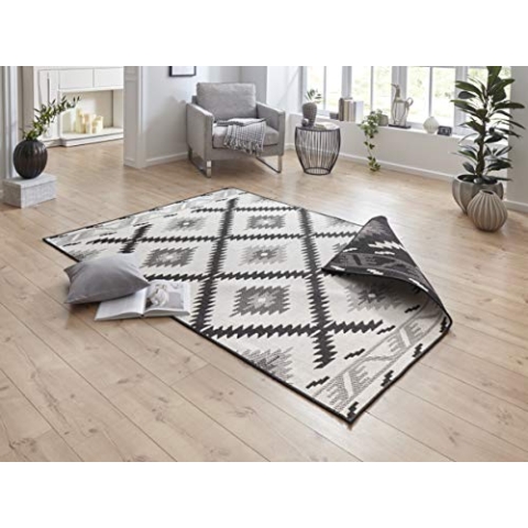 NORTHRUGS In- und Outdoor Teppich Malibu 200x290cm - Wendeteppich Wetterfest Modern Geometrisches Muster Läufer für Balkon Terrasse Garten Wintergarten Wohnzimmerteppich Wasserfest in Schwarz Creme